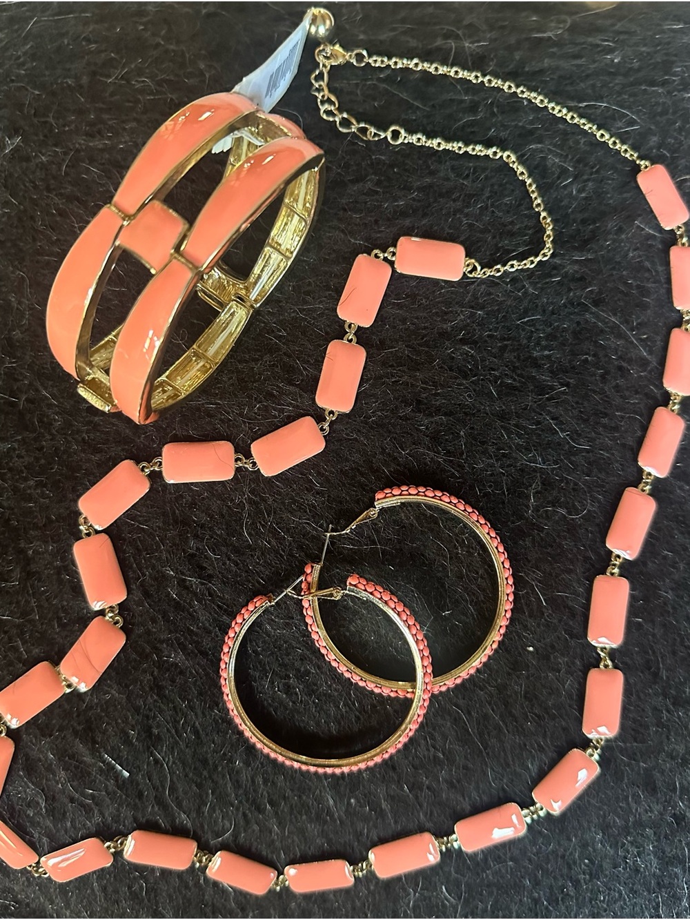 Gold-Tone Coral Pink Enamel Bracelet, Necklace & Hoop Earring Set